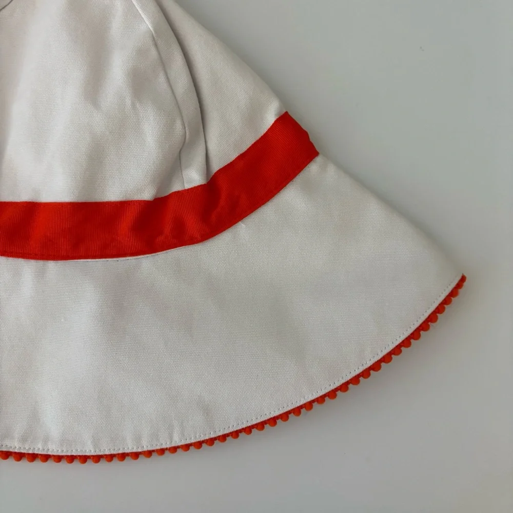 Janie and Jack white sunhat with orange bow and pom trim size 6-8